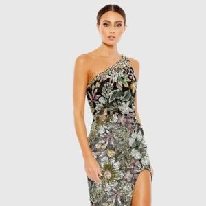 Mac Duggal Embellished Floral One Shoulder Side Slit Gown Multicolor Size 10 NWT
